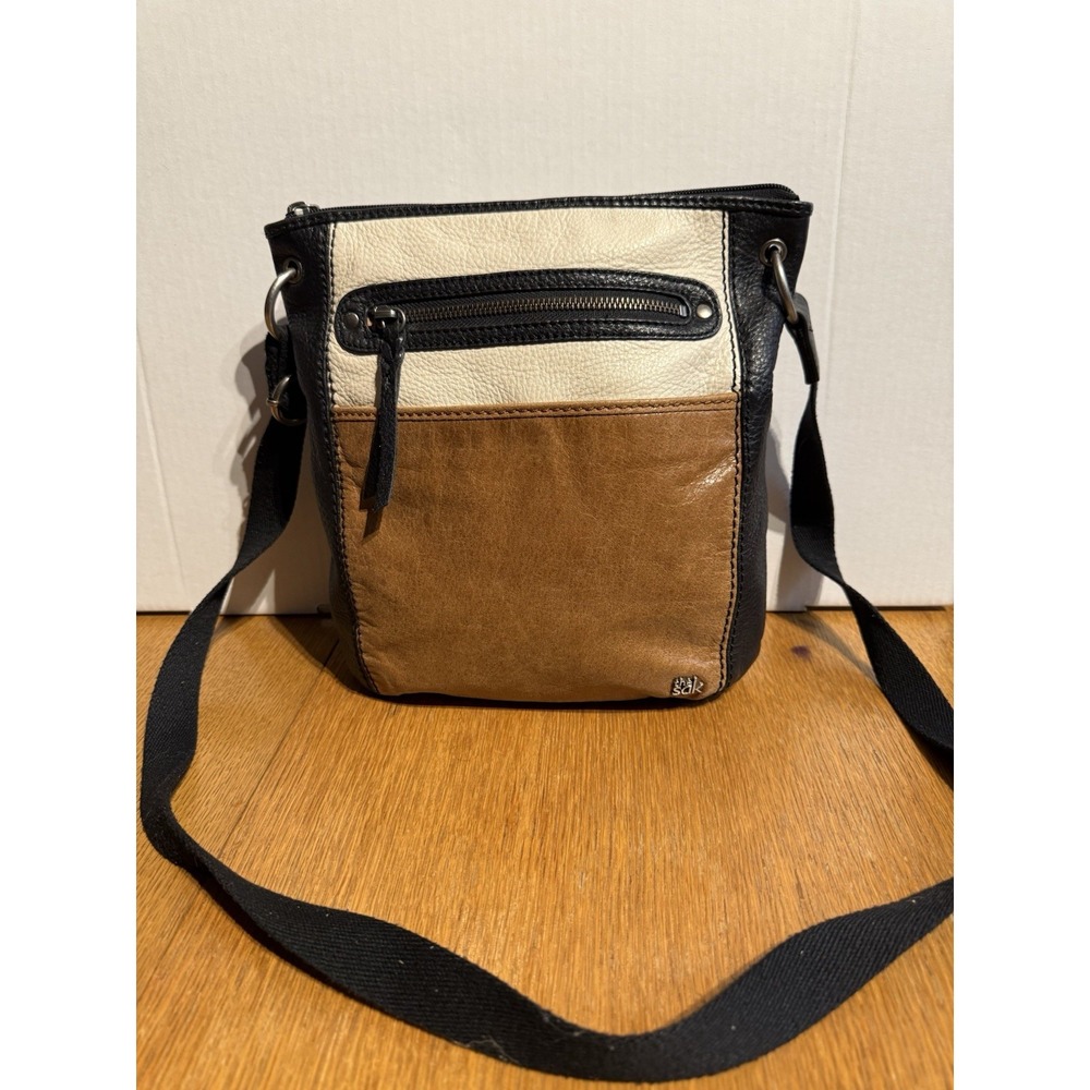 The Sak Laurel Crossbody Bag Leather Colorblock Black Tan Cream Zip Pockets 9x10